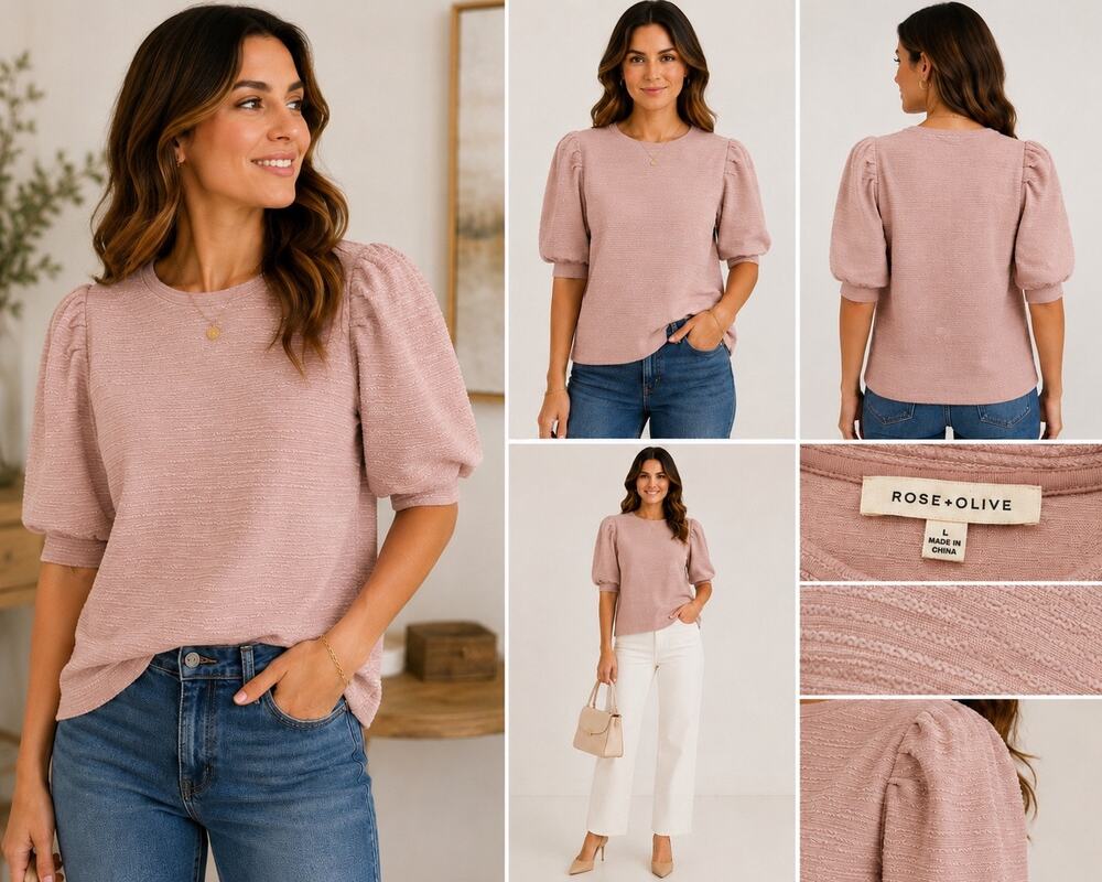 Rose + Olive Women's Large PinkPuff Sleeve Knit Top Large